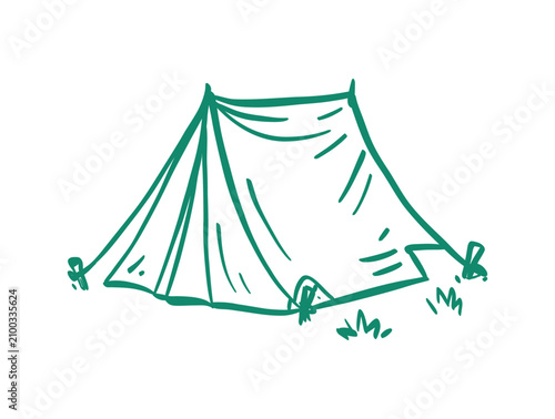 Green line drawing of a camping tent with stakes and grass