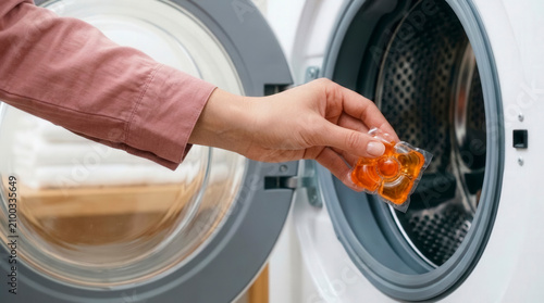 Hand placing laundry detergent pod into washing machine, household cleaning and domestic routine for modern lifestyle