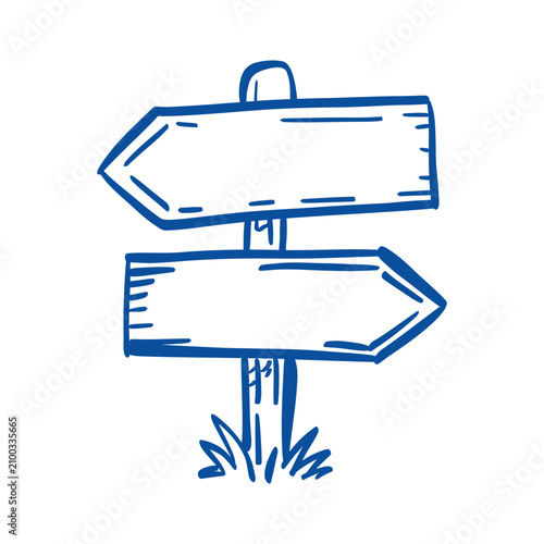 Hand-drawn blue signpost with two directional arrows on a wooden post