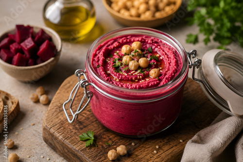 Beet hummus in glass jar