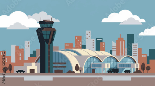 Tableau sur toile Modern airport terminal and air traffic control tower with city skyline