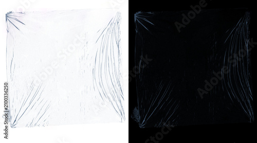 Bild auf Leinwand Transparent plastic wrap texture on white and black background, wrinkled celloph