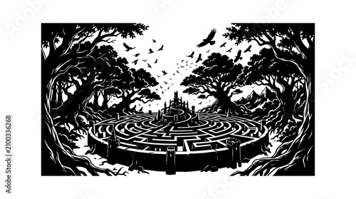 Bild auf Leinwand Black and white illustration of a fantasy landscape with a bridge