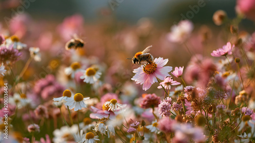 close up of a wildflower meadow with a couple of bees