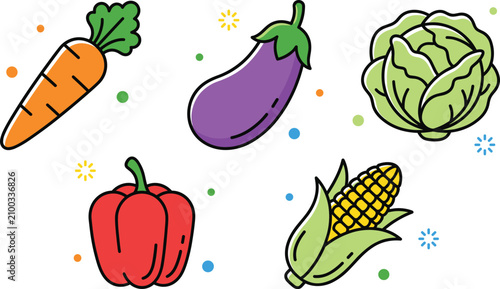 Fresh garden vegetables color line art vector icons set featuring carrot eggplant cabbage bell pepper and corn cob