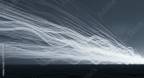 Abstract flowing white light streaks emitting from a dark horizon into the vast atmosphere in a high contrast digital art composition