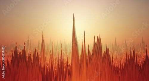 Abstract fiery mountain range at sunset with a vibrant orange and yellow sky creating a dramatic and ethereal landscape