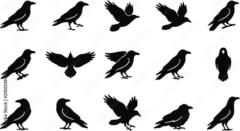 Naklejka premium Raven silhouettes collection diverse poses for graphic design and halloween projects