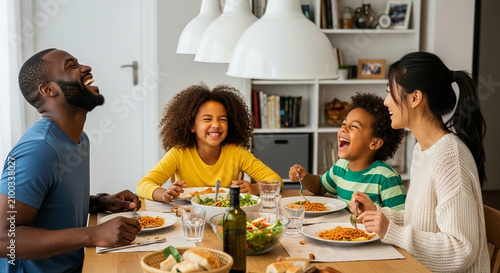 Happy Diverse Family Enjoying a Delicious Meal Together and Laughing at the Dining Table in a Bright Home Interior