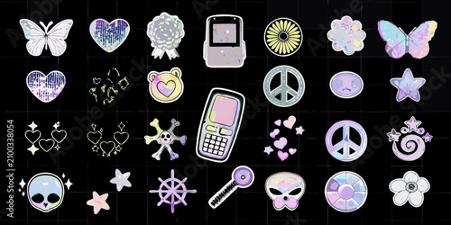 Schilderij op canvas Iridescent Y2k Sticker Pack Featuring Butterflies Hearts And Retro Phones