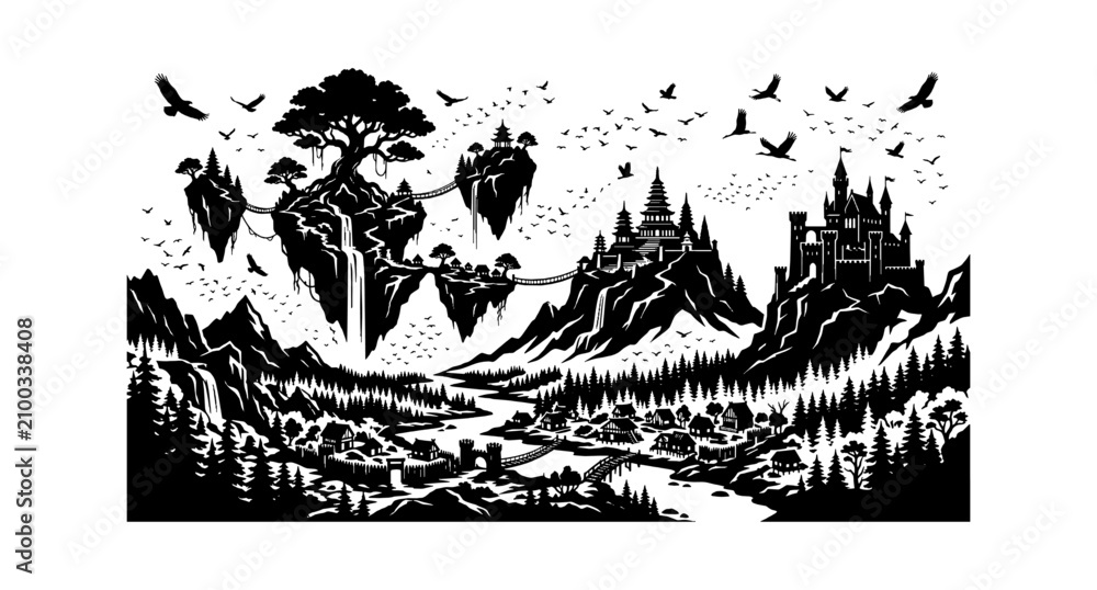 Obraz premium Black and white illustration of a spooky forest with bats