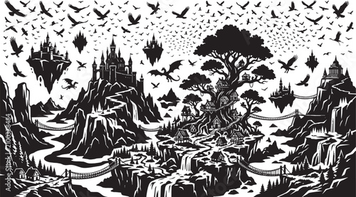 Black and white illustration of a forest landscape with a mountain