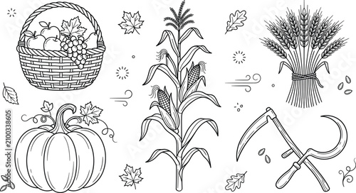 Foto Autumn harvest and farm agriculture line art vector illustration set featuring p