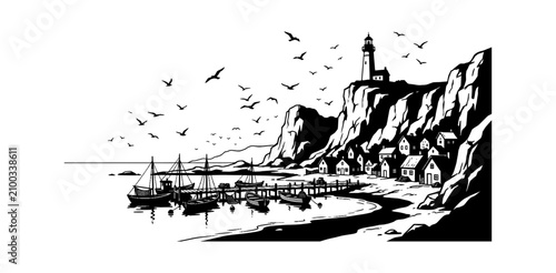 Black and white illustration of a seaside town with a church on a hill