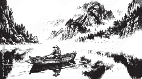Black and white illustration of a boat on a lake with mountains