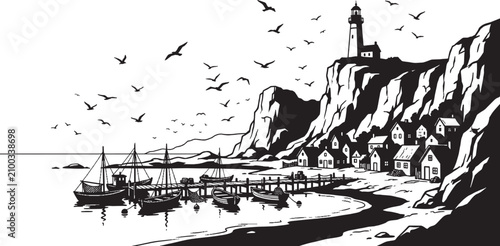 Black and white illustration of a seaside town with a church on a hill
