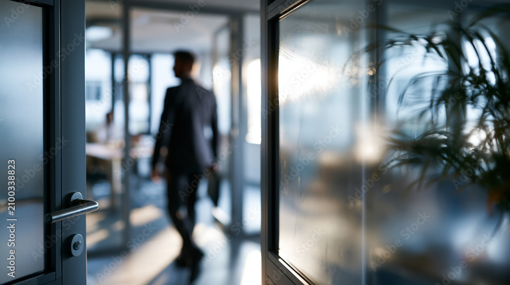 Fototapeta premium Through frosted glass, the defocused outline of a businessman in a suit enters a bright conference room, anonymous professional, corporate meeting, office privacy, executive arrival, modern