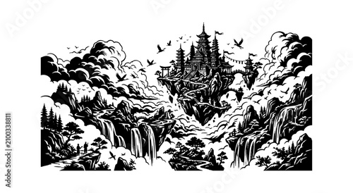 Black and white forest landscape with trees