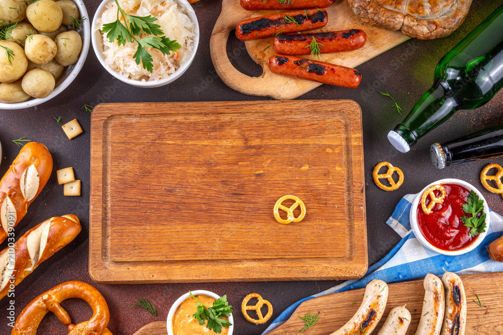 Fototapeta premium Oktoberfest picnic and barbecue food, Oktoberfest bavarian party menu