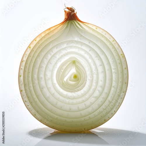 Close-up, backlit halved onion revealing concentric layers