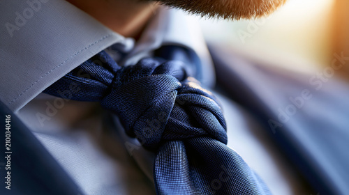 A crisp shirt collar, silk tie knot and suit lapels fill a bright close-up frame, no face or logo visible, formalwear, mens fashion, tailoring detail, executive style, professional image,
