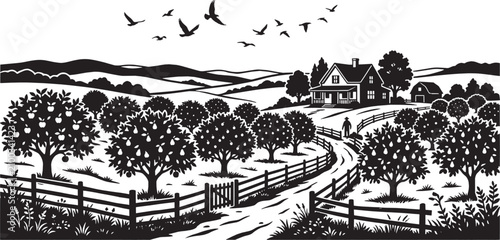 Black and white countryside landscape with trees and fence