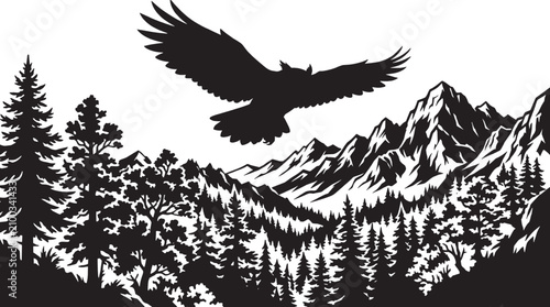 Black eagle flying over mountain landscape with trees