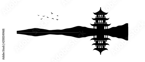 Black silhouette of a pagoda and bridge with birds flying