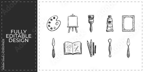 Foto Art studio and professional painting tools hand drawn doodle icons set featuring