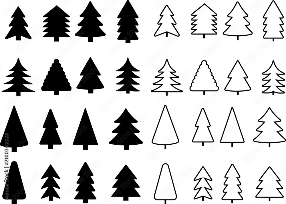 Obraz premium Christmas tree pine fir icons set. Winter holiday evergreen forest nature symbol collection. Black filled, outline line stroke flat vector.