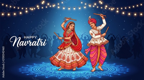 Happy Indian couple performing traditional garba dance on navratri festival celebration night with ethnic clothing and colorful folk background