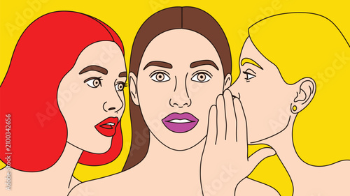 Pop art women sharing a secret with middle woman showing a curious expression