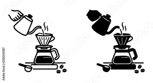 Foto Pour Over Coffee Brewing Icons, Manual Drip Coffee Preparation Steps, Black and