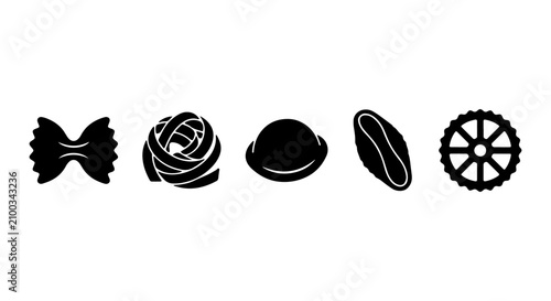 Bild auf Leinwand Italian Pasta Shapes Vector Icons, 5 Black Silhouettes of Farfalle, Fettuccine,