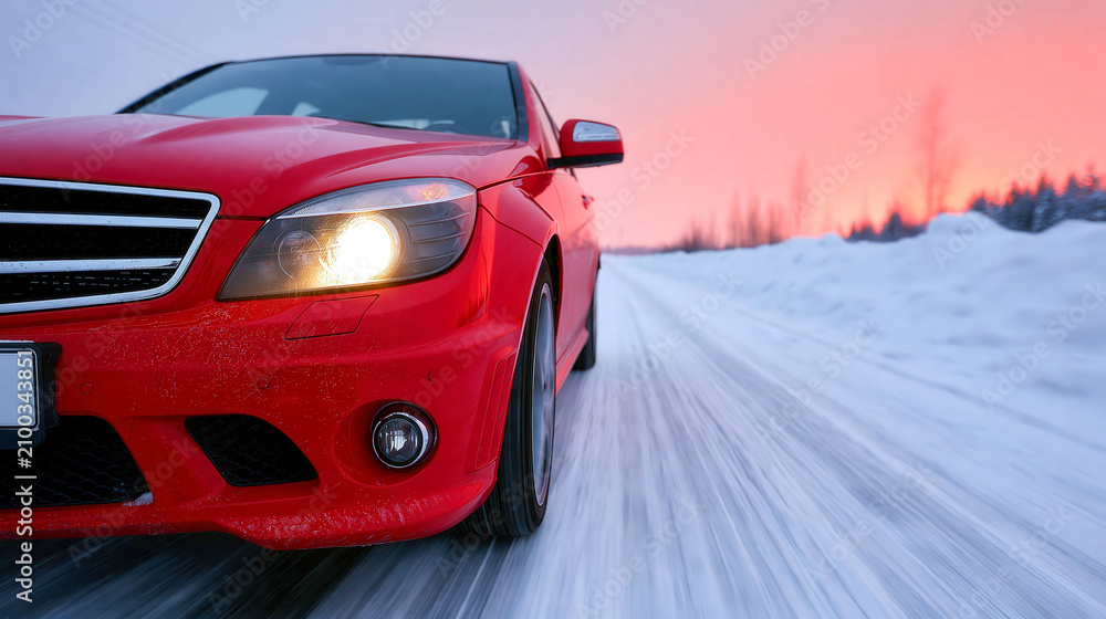 Naklejka premium Red luxury sedan driving on snowy winter road at sunset with headlights on in cold arctic conditions