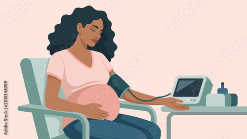 Pregnant woman calmly sits while a blood pressure monitor takes her vital signs