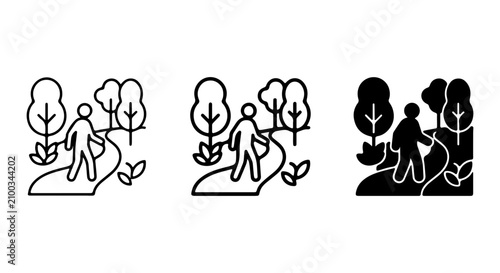 Foto Walking Path Icons: Man Hiking Nature Trail, Outdoor Activity, Forest Scene, Vec