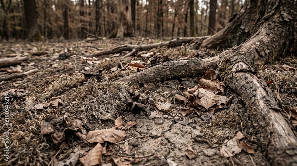 Fototapeta premium Dry cracked soil and exposed tree roots on forest floor. Parched ground with dead leaves indicating drought and heat suffering. Forest ecosystem stress concept