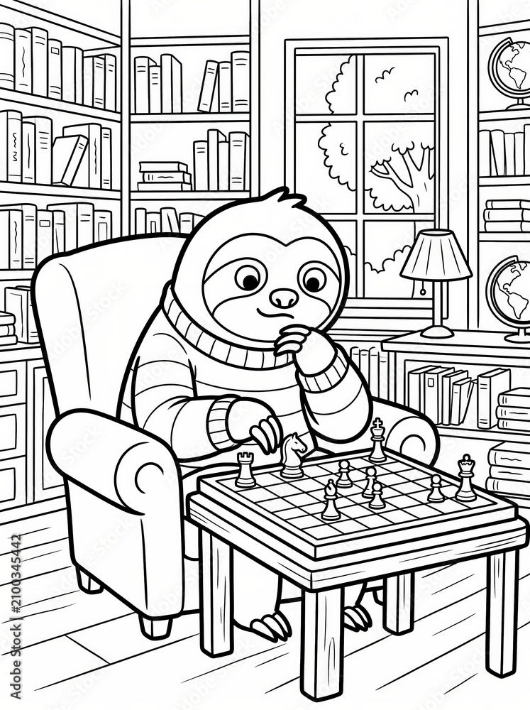 Fototapeta premium Coloring page, relaxed sloth playing on a wooden chess board.