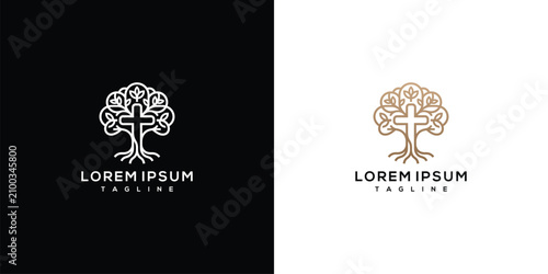 Foto Elegant Christian Tree with Cross Logo Design in Line Art Style