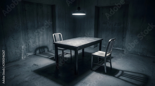 Empty Interrogation Room With Table and Chairs Under Hanging Lamp