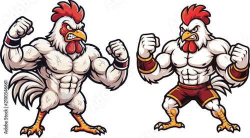 Konstfotografi Mascot muscular rooster ready for fight, powerful bird with big muscles and angry expression, cartoon style vector illustration