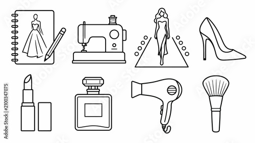 Photos Line art icons of household tools and objects.