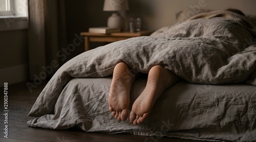 Feet relaxing beneath a heavy grey linen blanket evoke a sense of quiet comfort in the bedroom.