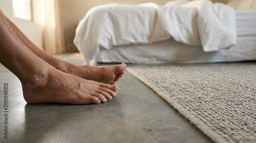Bare feet rest on a smooth polished concrete floor next to a cozy bedroom rug during a peaceful morning at home.
