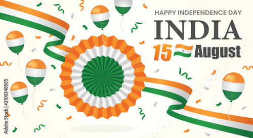 Fényképezés Independence Day India: Celebrate India's Independence Day with vibrant decorations including balloons, confetti, and a rosette in the national colors, along with the date and congratulatory text