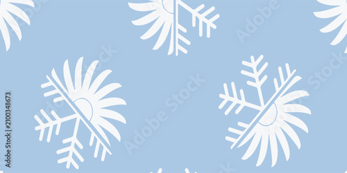 Fotografía Stylized White Snowflakes Seamless Pattern on Light Blue Background Winter Theme