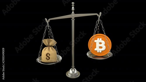 Bitcoin and dollars bag balance scale – 3d render looped with alpha channel.