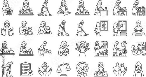 Exhausted Mother and Tired Housewife Routine Icon Set with Housework Burnout Stress Babysitting Daily Errands and Household Chores Line Art VectorExhausted Mother and Tired Housewife Routine Icon Set 
