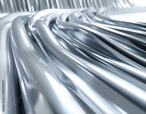 Smooth, flowing metallic silver tubes create a futuristic, abstract texture